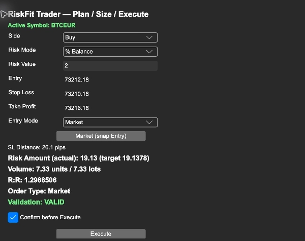 Trading product for RiskFit Trader - Risk Sizing Desktop plugin Position Sizer Risk Calculator, image 2