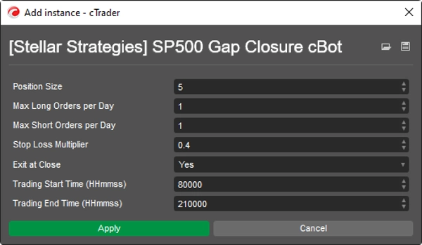 Ảnh "[Stellar Strategies] SP500 Gap Closure cBot 1.0" được tải lên